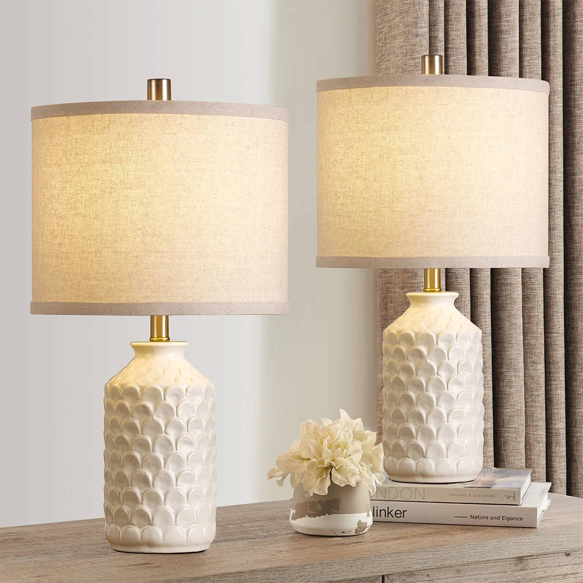 21” White Carved Ceramic Lamp(Set Of 2)
