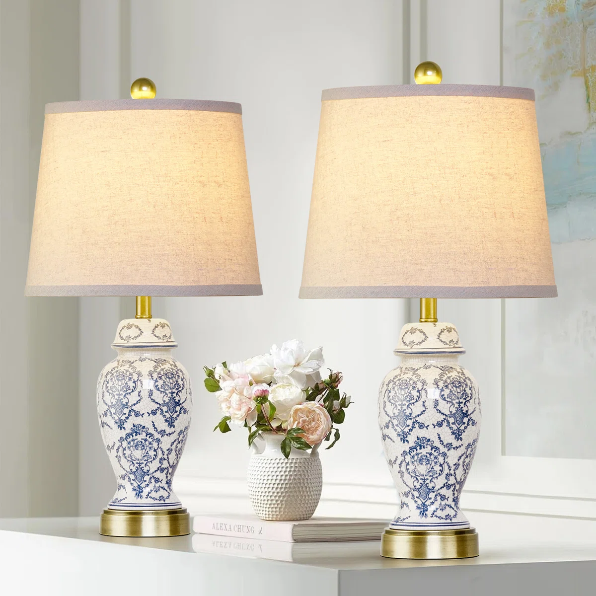 22” Blue White Porcelain Jar Lamp Set With Brass Base(Set Of 2)