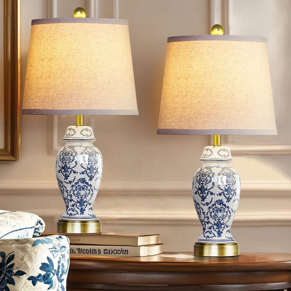22” Blue White Porcelain Jar Lamp Set With Brass Base(Set Of 2)