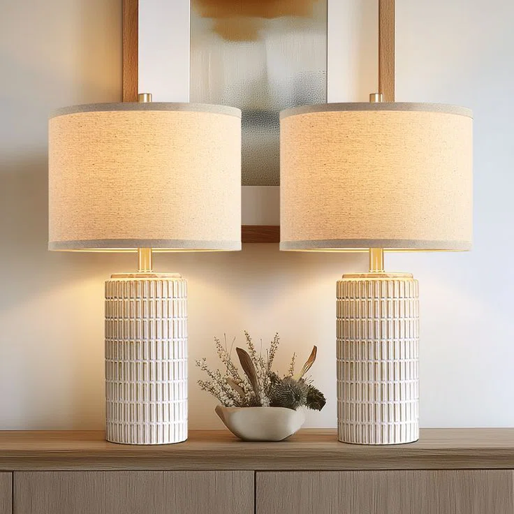 23"Modern Grid-Textured Beige Ceramic Table Lamp for Living Room Bedroom, Bedside Table, Free Bulb Included (Set of 2)