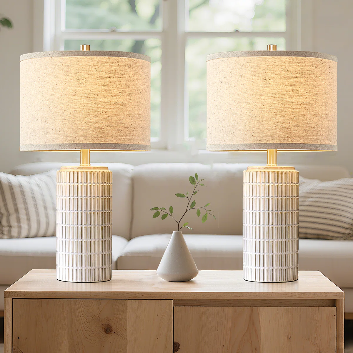 23"Modern Grid-Textured Beige Ceramic Table Lamp for Living Room Bedroom, Bedside Table, Free Bulb Included (Set of 2)