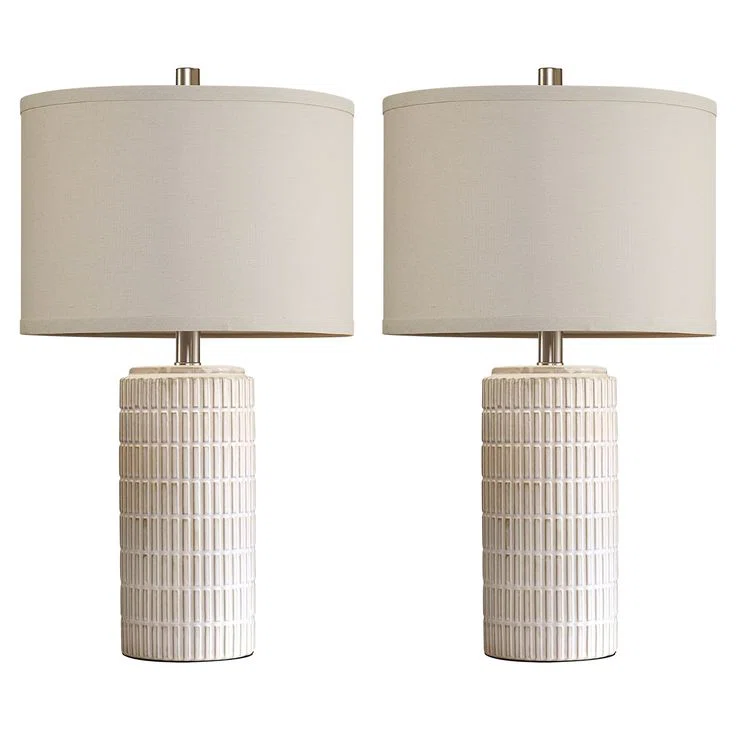 23"Modern Grid-Textured Beige Ceramic Table Lamp for Living Room Bedroom, Bedside Table, Free Bulb Included (Set of 2)