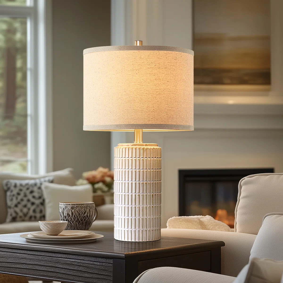 23"Modern Grid-Textured Beige Ceramic Table Lamp for Living Room Bedroom, Bedside Table, Free Bulb Included (Set of 2)