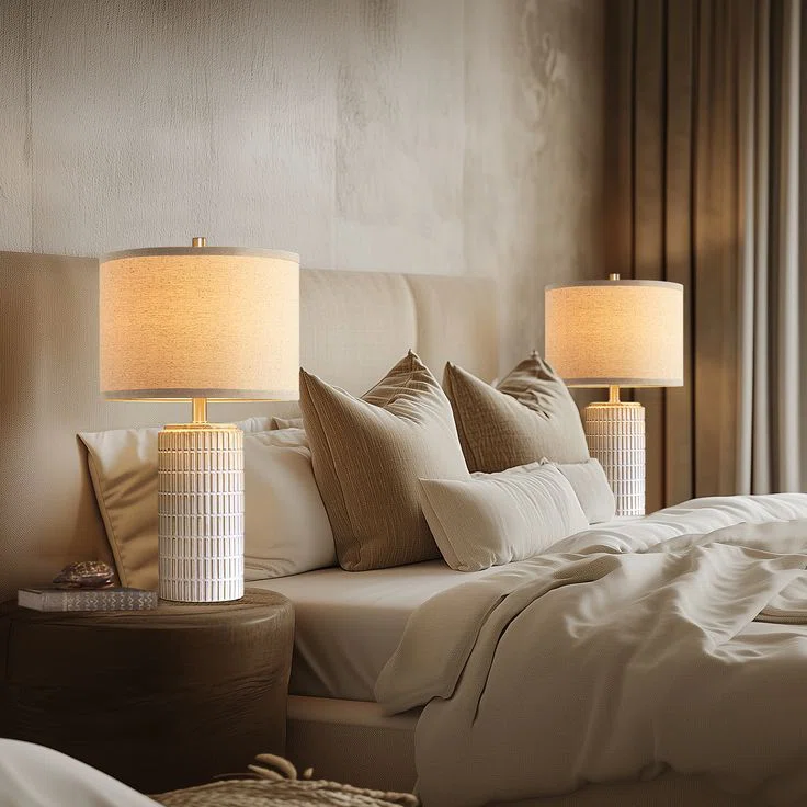 23"Modern Grid-Textured Beige Ceramic Table Lamp for Living Room Bedroom, Bedside Table, Free Bulb Included (Set of 2)