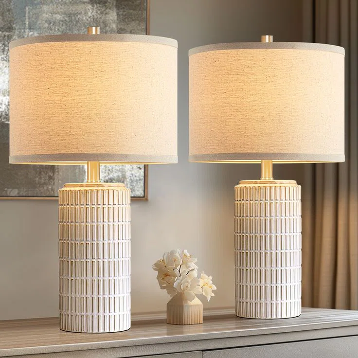 23"Modern Grid-Textured Beige Ceramic Table Lamp for Living Room Bedroom, Bedside Table, Free Bulb Included (Set of 2)