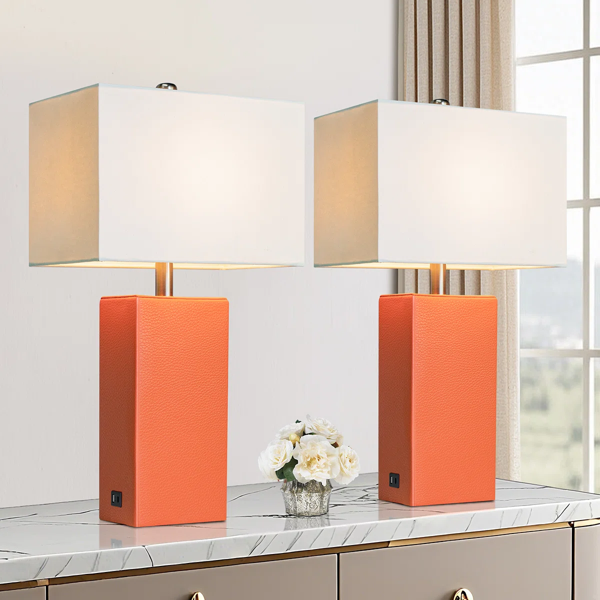 24'' Modern Faux Leather Table Lamps With USB-A & USB-C Charging Ports(Set Of 2)