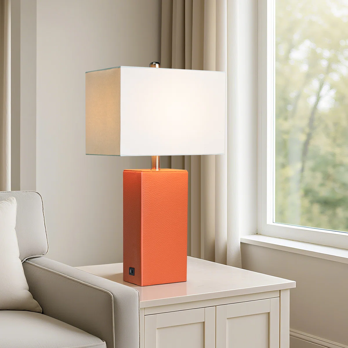 24'' Modern Faux Leather Table Lamps With USB-A & USB-C Charging Ports(Set Of 2)