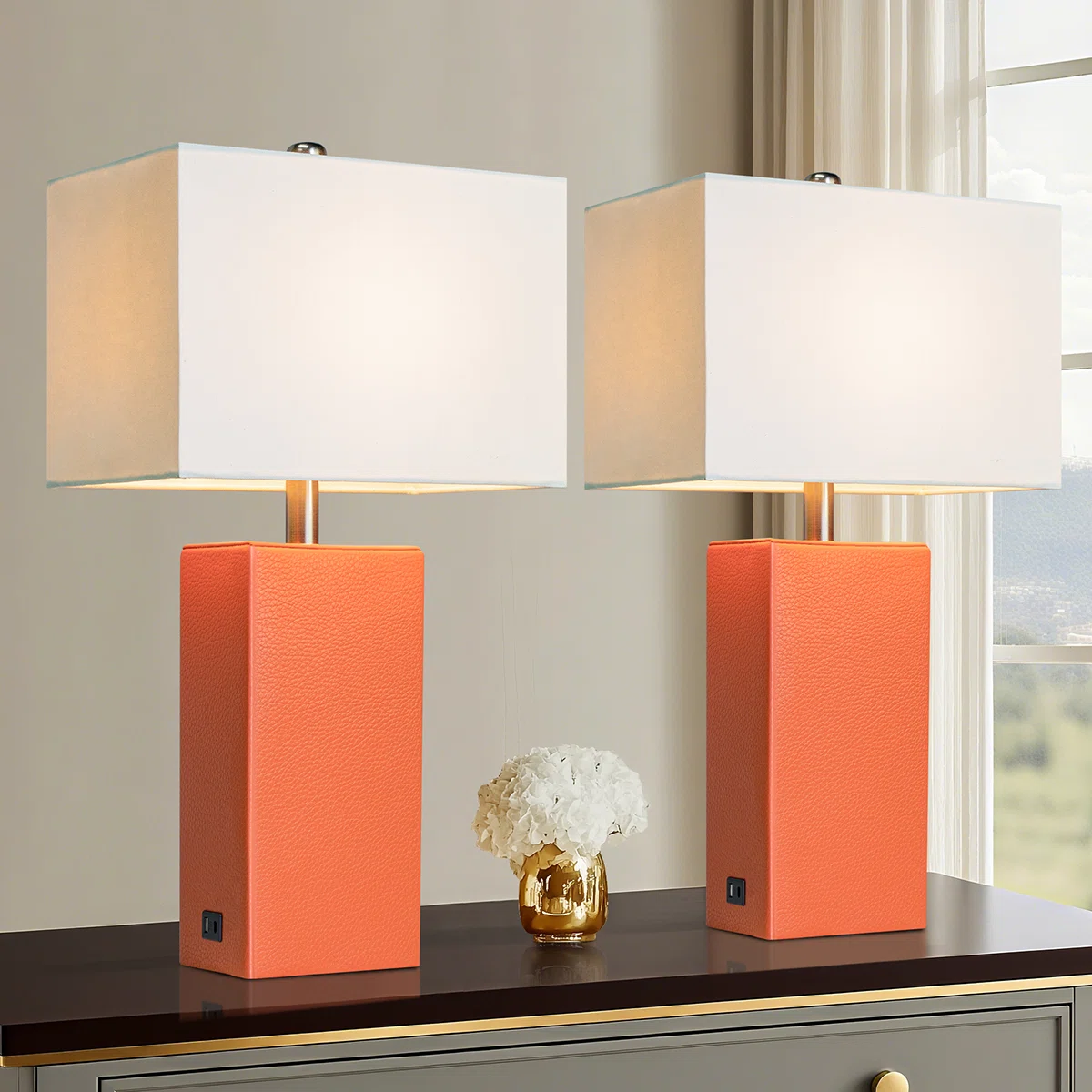 24'' Modern Faux Leather Table Lamps With USB-A & USB-C Charging Ports(Set Of 2)