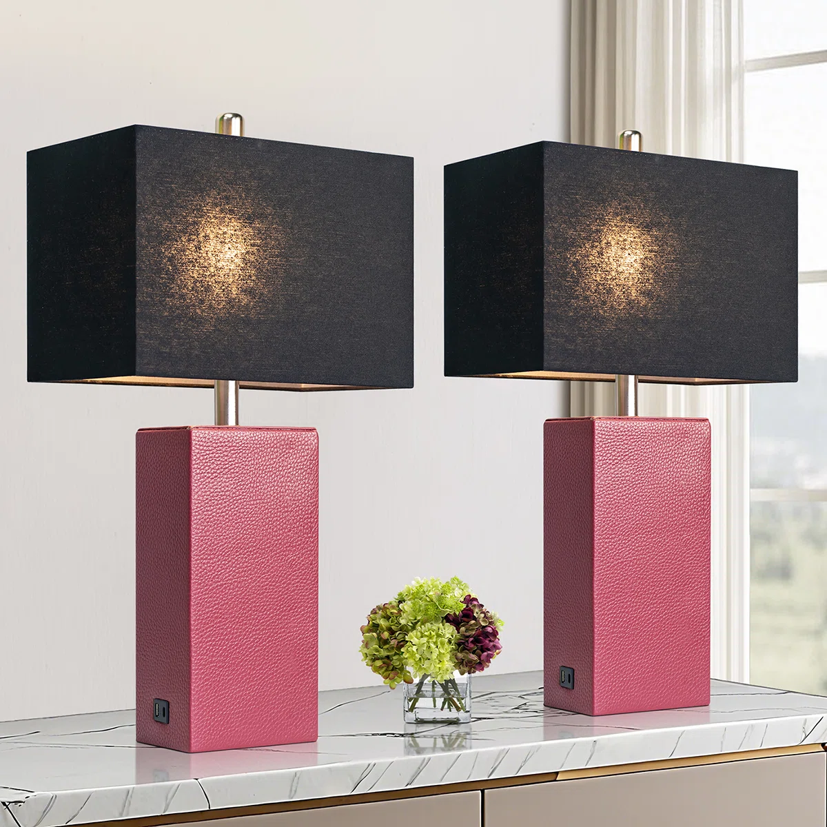 24'' Modern Faux Leather Table Lamps With USB-A & USB-C Charging Ports(Set Of 2)