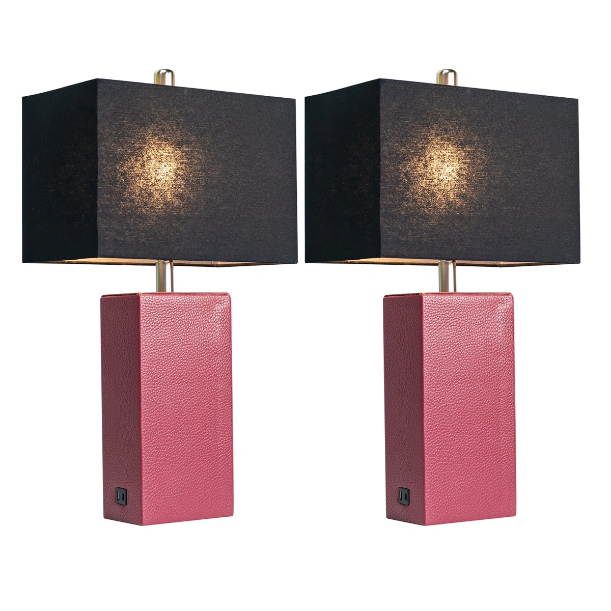 24'' Modern Faux Leather Table Lamps With USB-A & USB-C Charging Ports(Set Of 2)