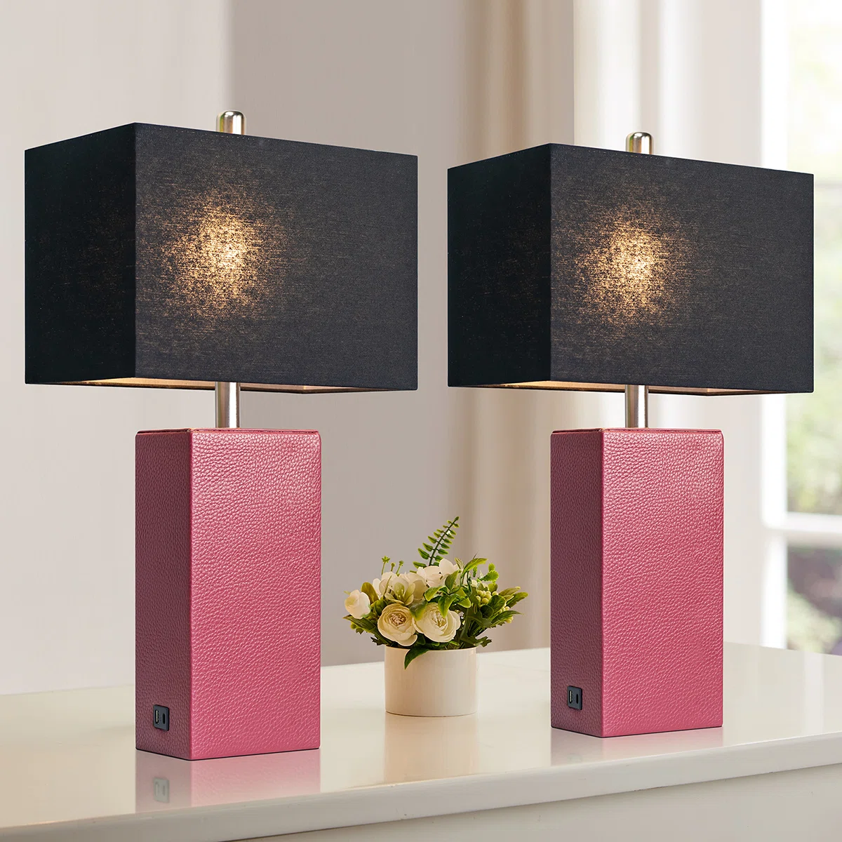 24'' Modern Faux Leather Table Lamps With USB-A & USB-C Charging Ports(Set Of 2)