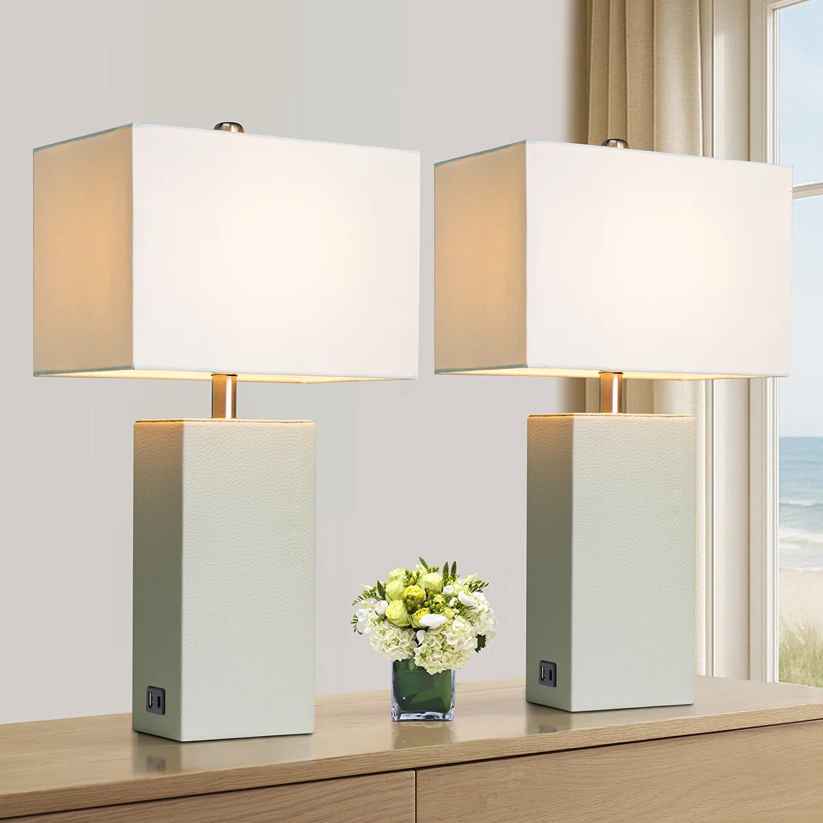 24'' Modern Faux Leather Table Lamps With USB-A & USB-C Charging Ports(Set Of 2)
