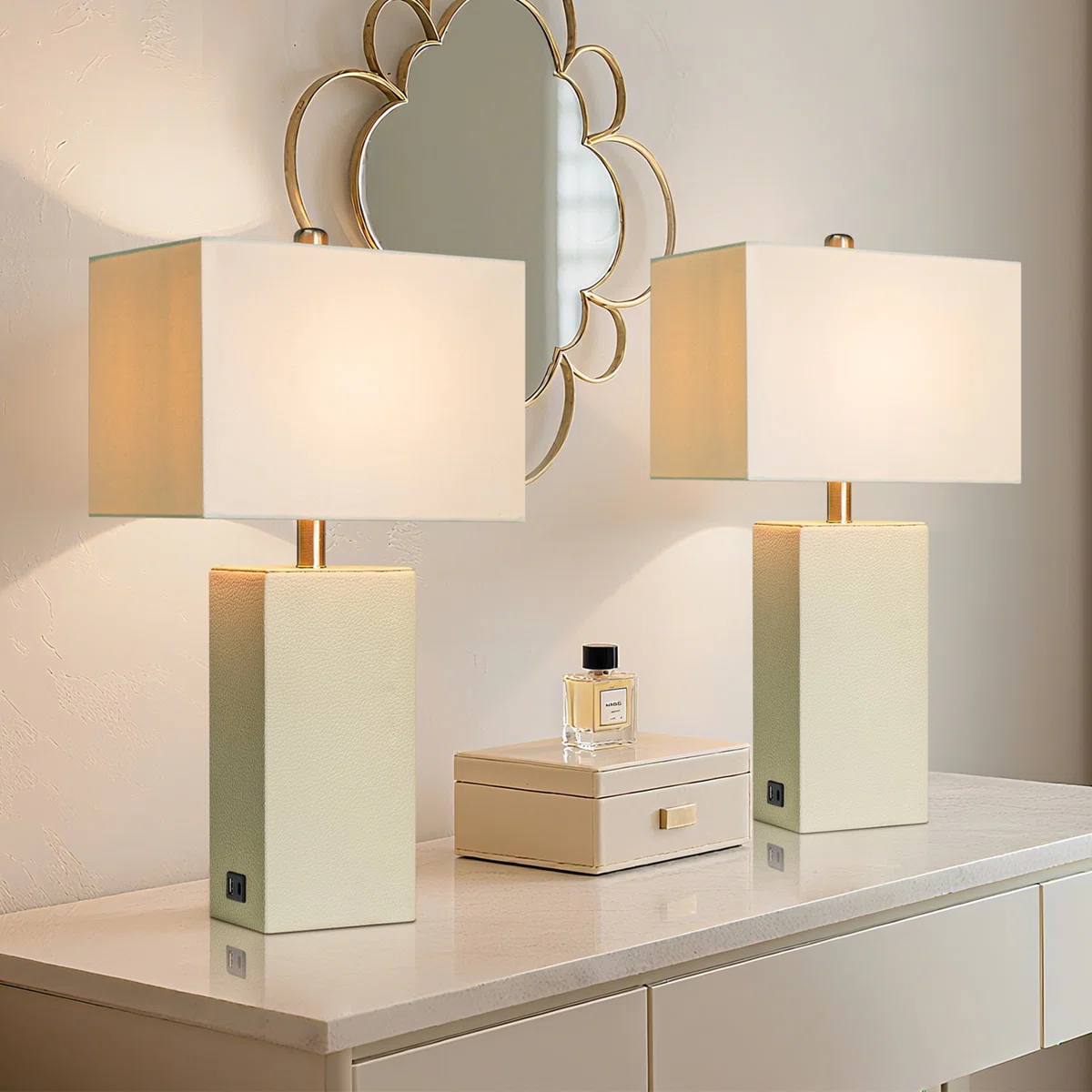 24'' Modern Faux Leather Table Lamps With USB-A & USB-C Charging Ports(Set Of 2)