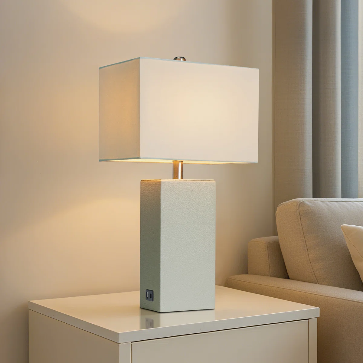 24'' Modern Faux Leather Table Lamps With USB-A & USB-C Charging Ports(Set Of 2)