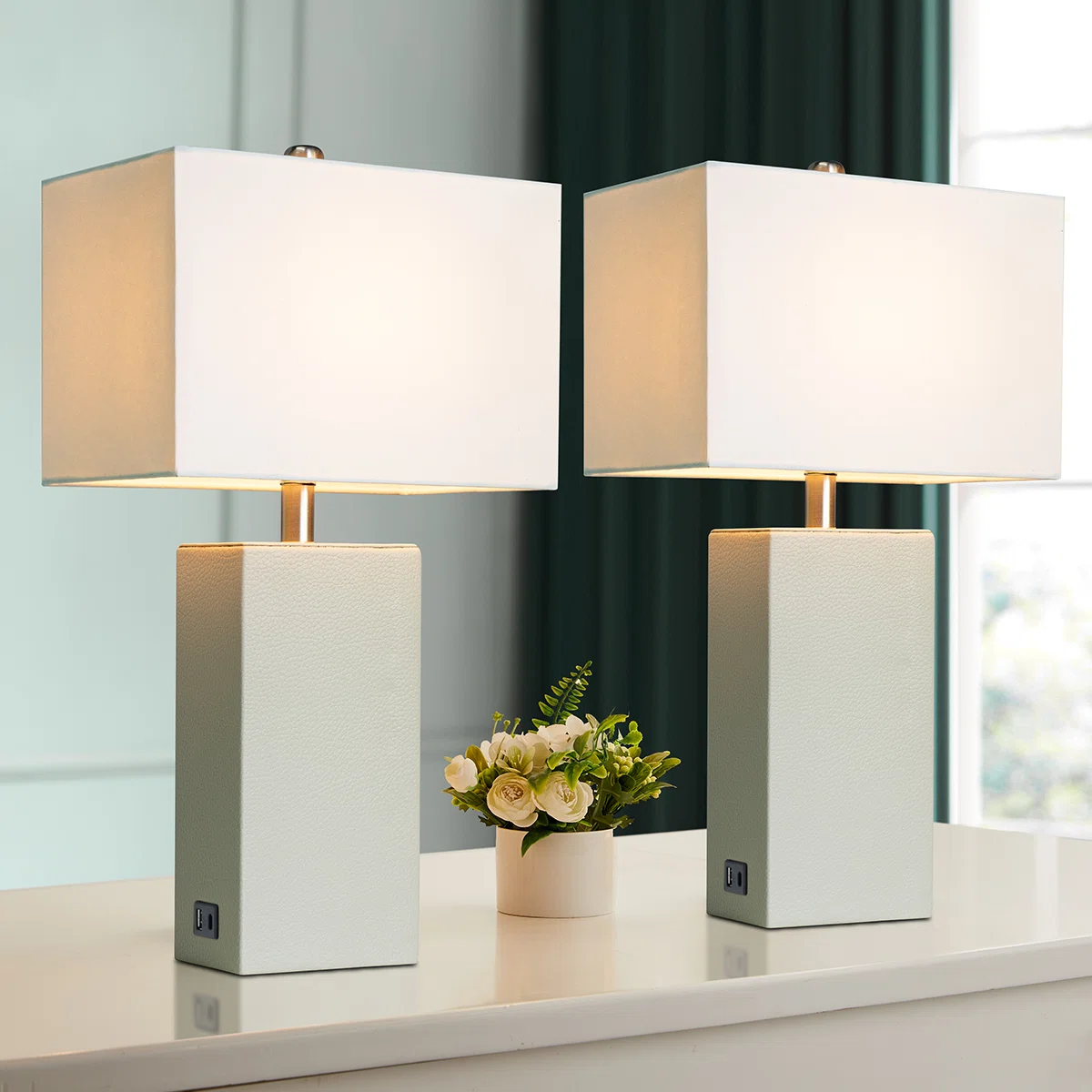 24'' Modern Faux Leather Table Lamps With USB-A & USB-C Charging Ports(Set Of 2)