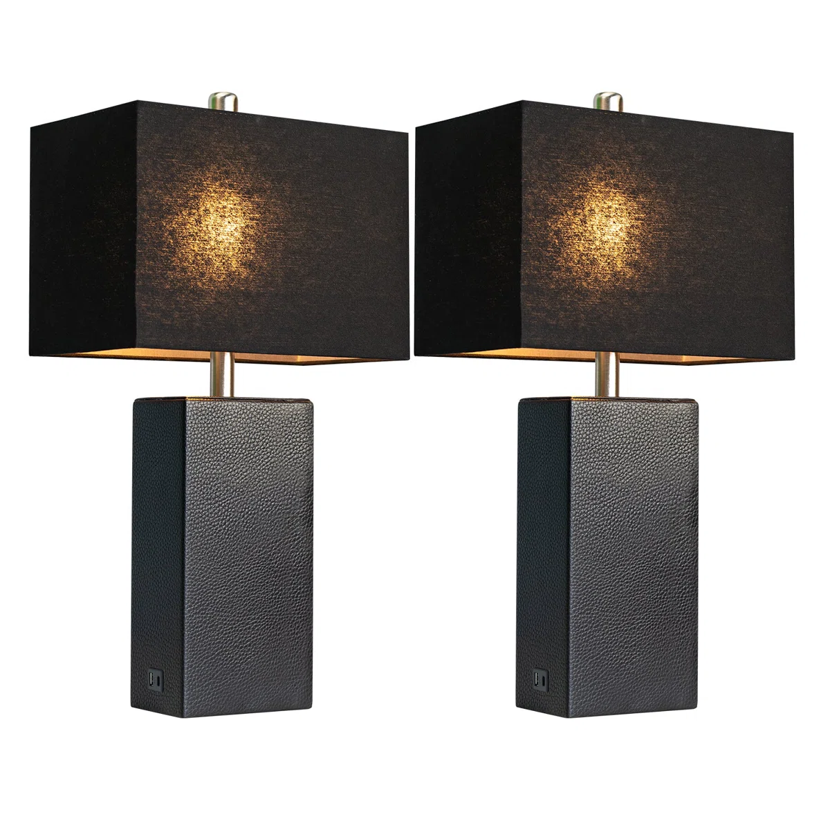 24'' Modern Faux Leather Table Lamps With USB-A & USB-C Charging Ports(Set Of 2)
