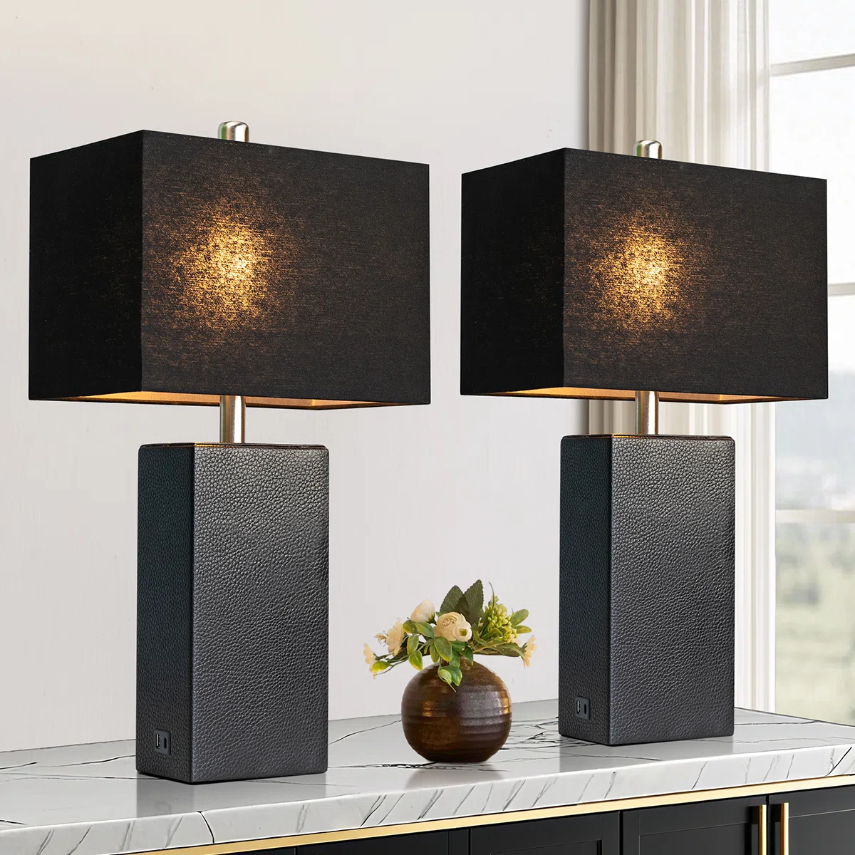 24'' Modern Faux Leather Table Lamps With USB-A & USB-C Charging Ports(Set Of 2)