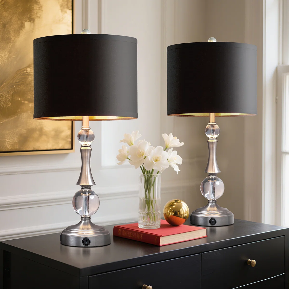 24” Silver Crystal Table Lamp with USB Ports & 2 Free LED Bulbs (Set of 2)