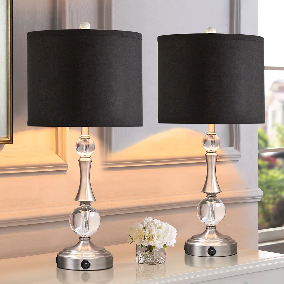 24” Silver Crystal Table Lamp with USB Ports & 2 Free LED Bulbs (Set of 2)