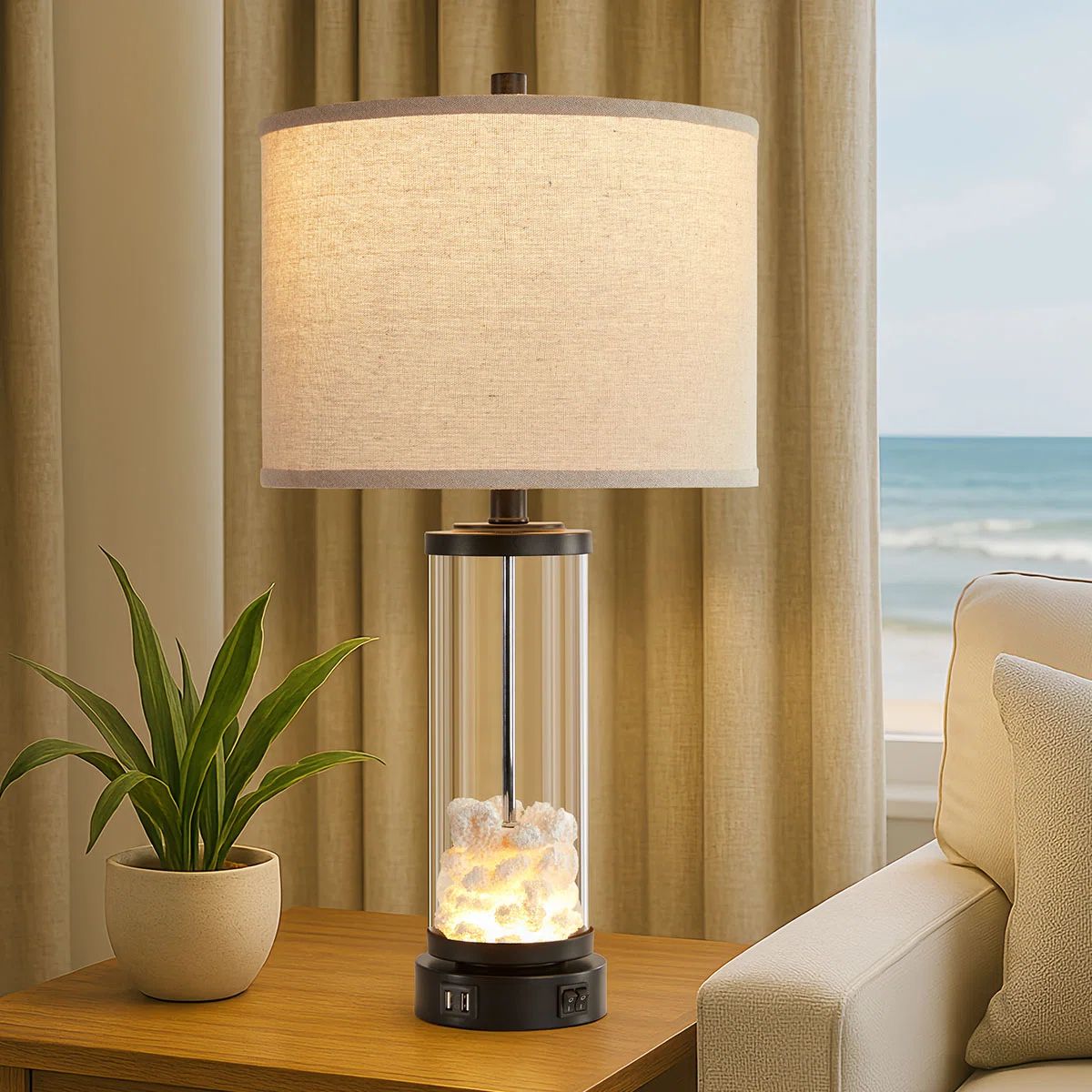 25"Coastal Table Lamps Set with USB & Night Light, Coral Design （Set of 2 ）