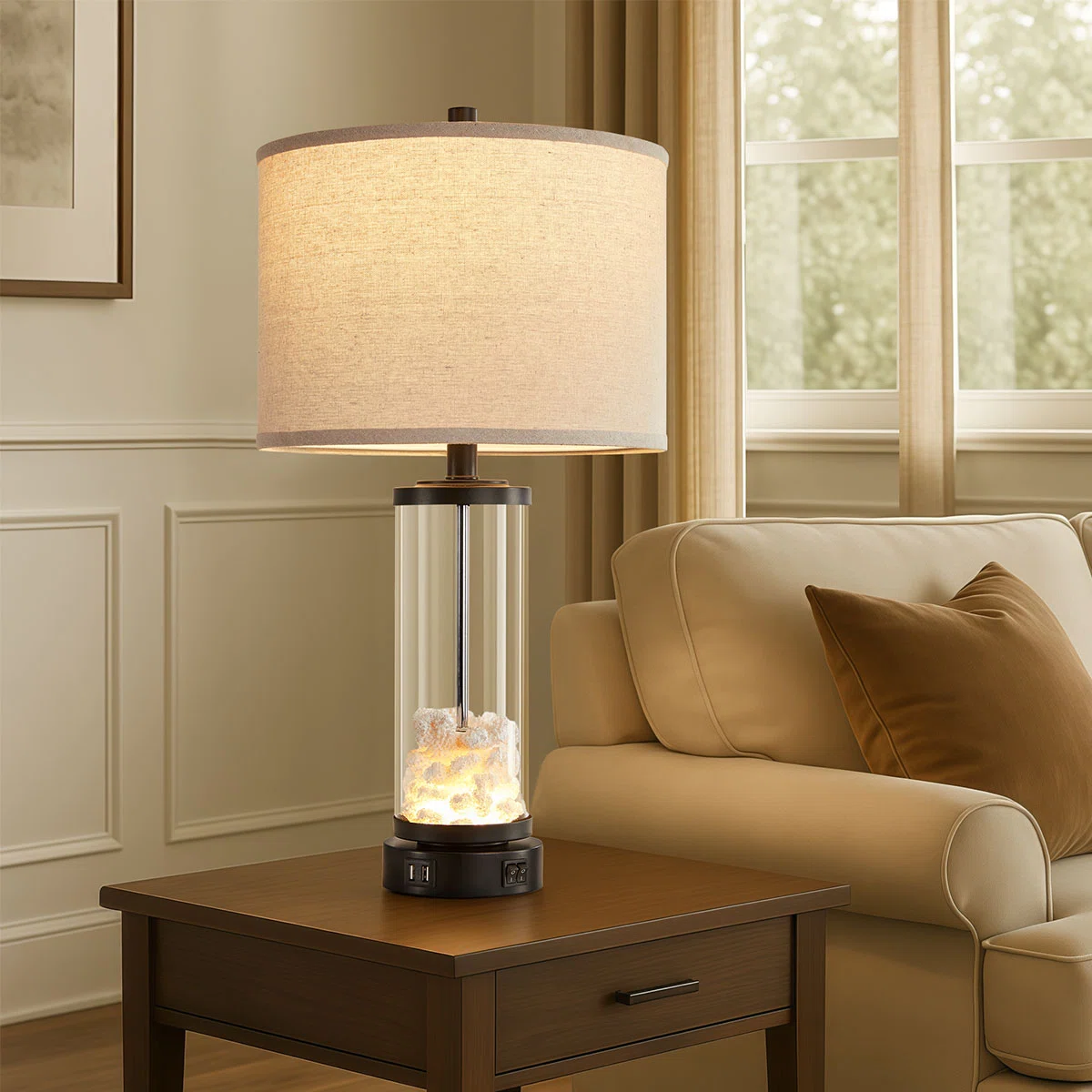 25"Coastal Table Lamps Set with USB & Night Light, Coral Design （Set of 2 ）