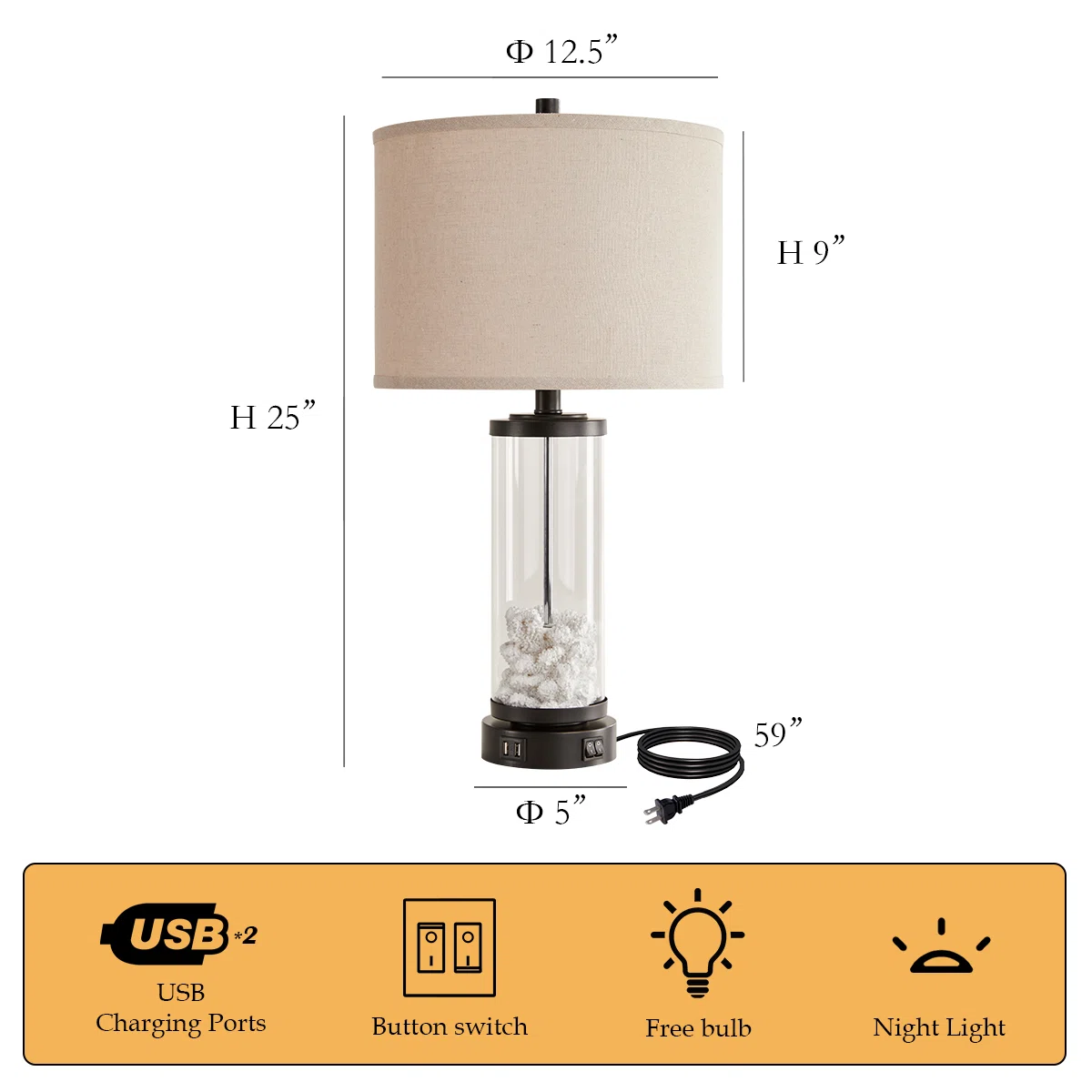25"Coastal Table Lamps Set with USB & Night Light, Coral Design （Set of 2 ）