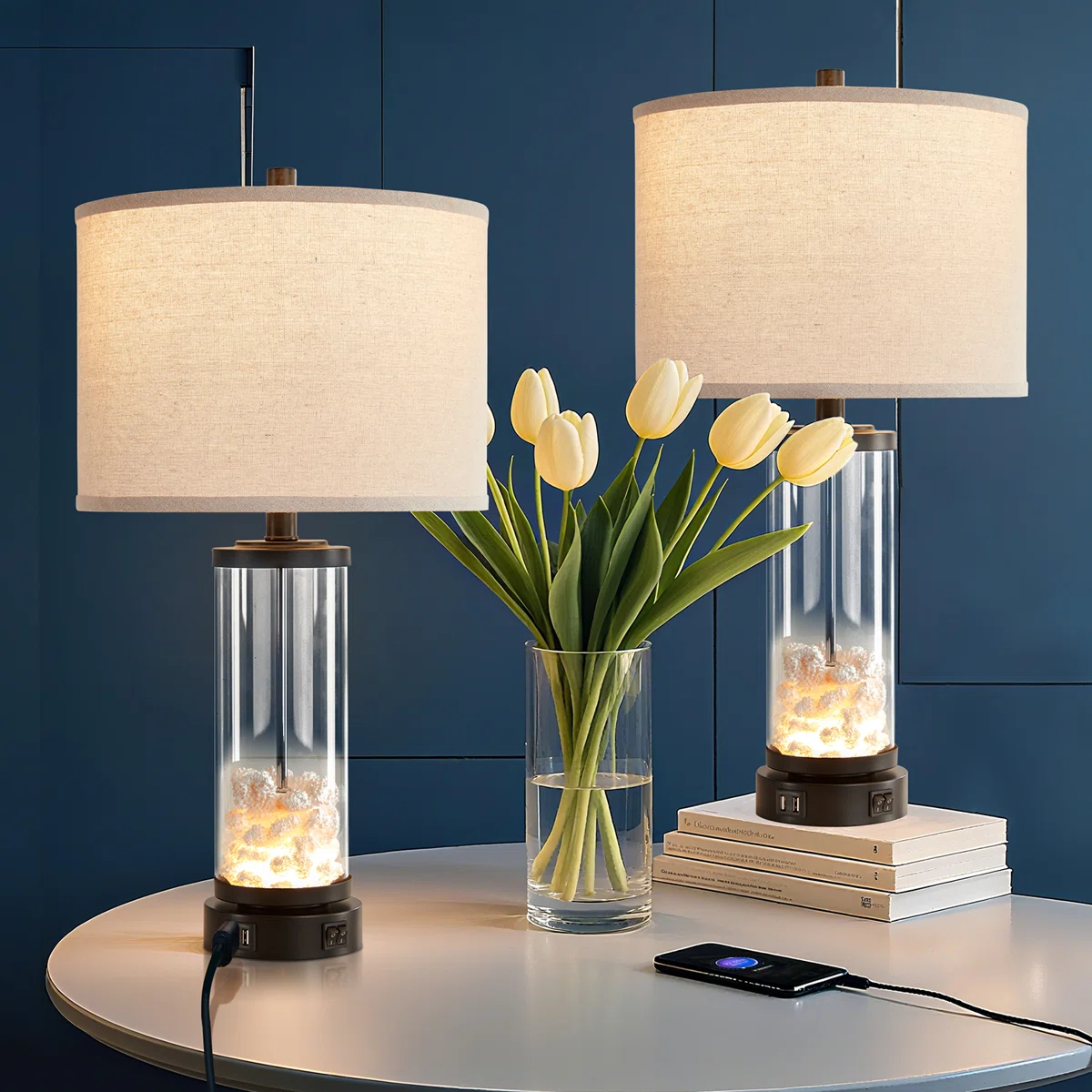 25"Coastal Table Lamps Set with USB & Night Light, Coral Design （Set of 2 ）