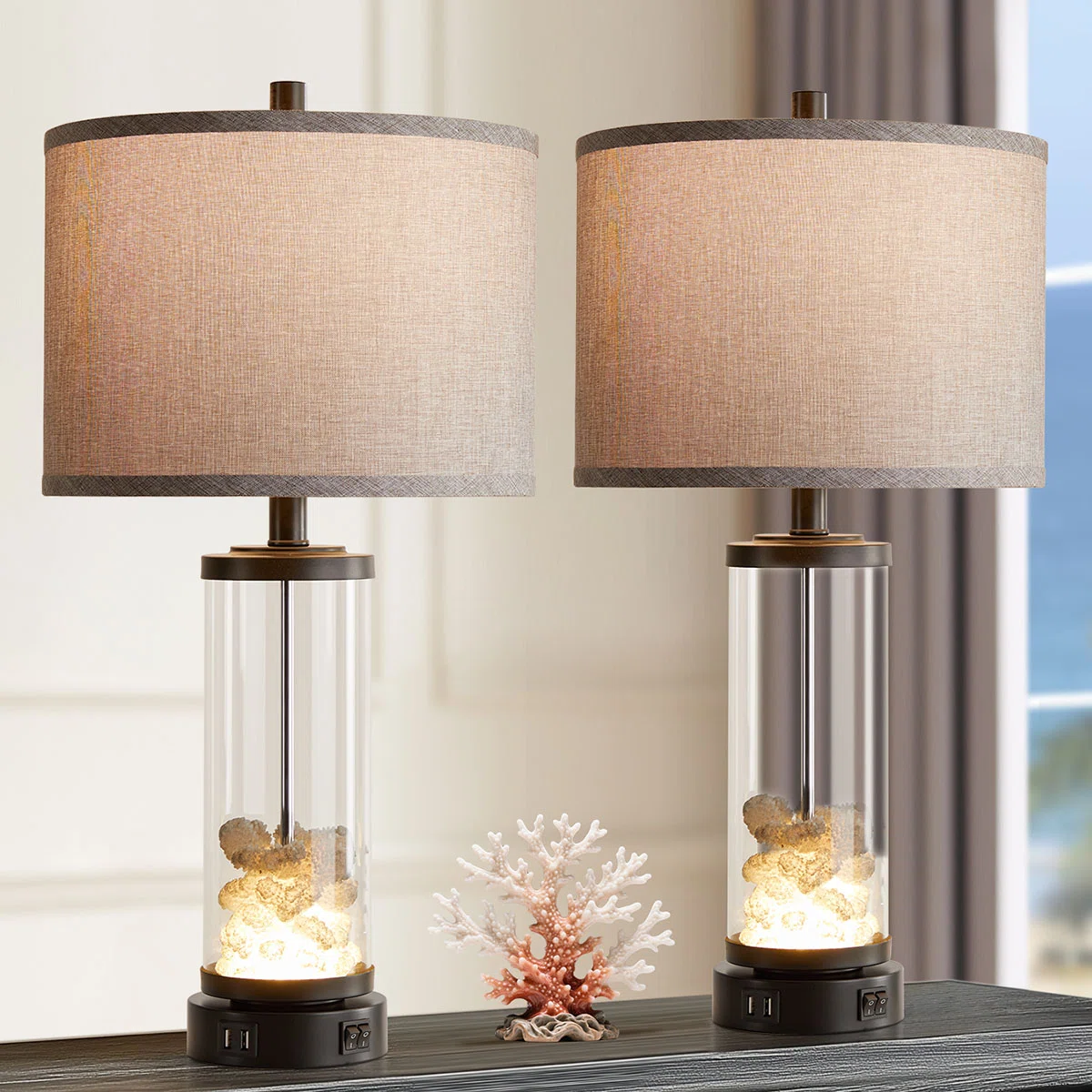 25"Coastal Table Lamps Set with USB & Night Light, Coral Design （Set of 2 ）