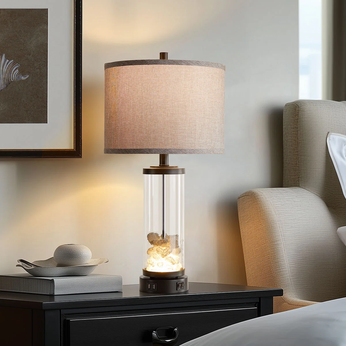 25"Coastal Table Lamps Set with USB & Night Light, Coral Design （Set of 2 ）