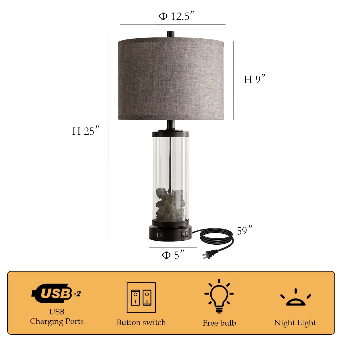 25"Coastal Table Lamps Set with USB & Night Light, Coral Design （Set of 2 ）