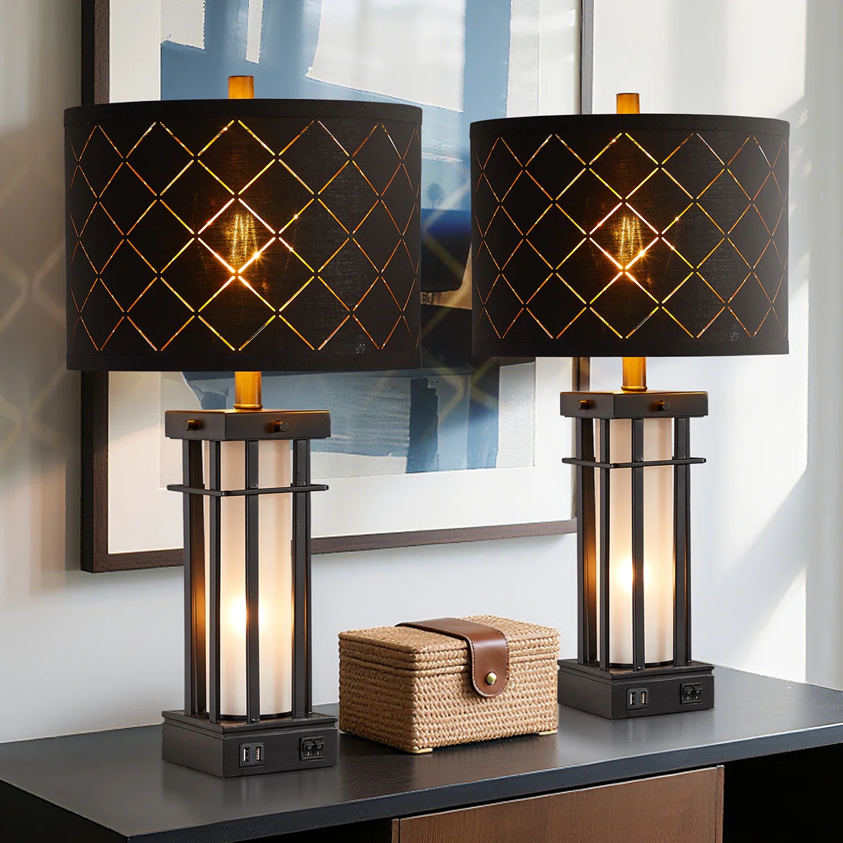 25" Industrial Black Table Lamp Set with Night Light & USB Charging (set of 2)