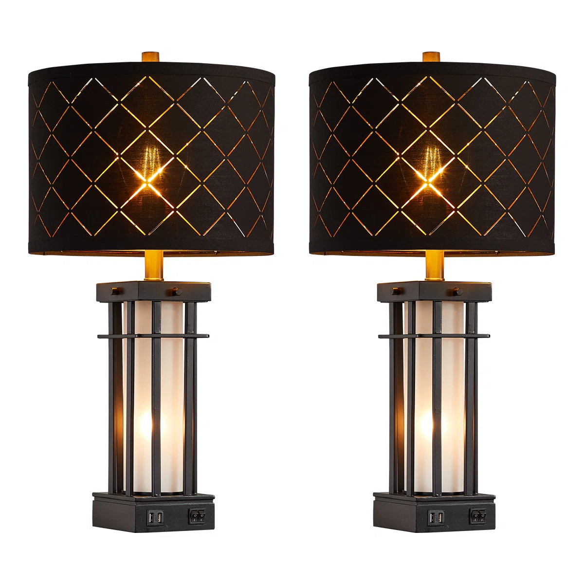 25" Industrial Black Table Lamp Set with Night Light & USB Charging (set of 2)