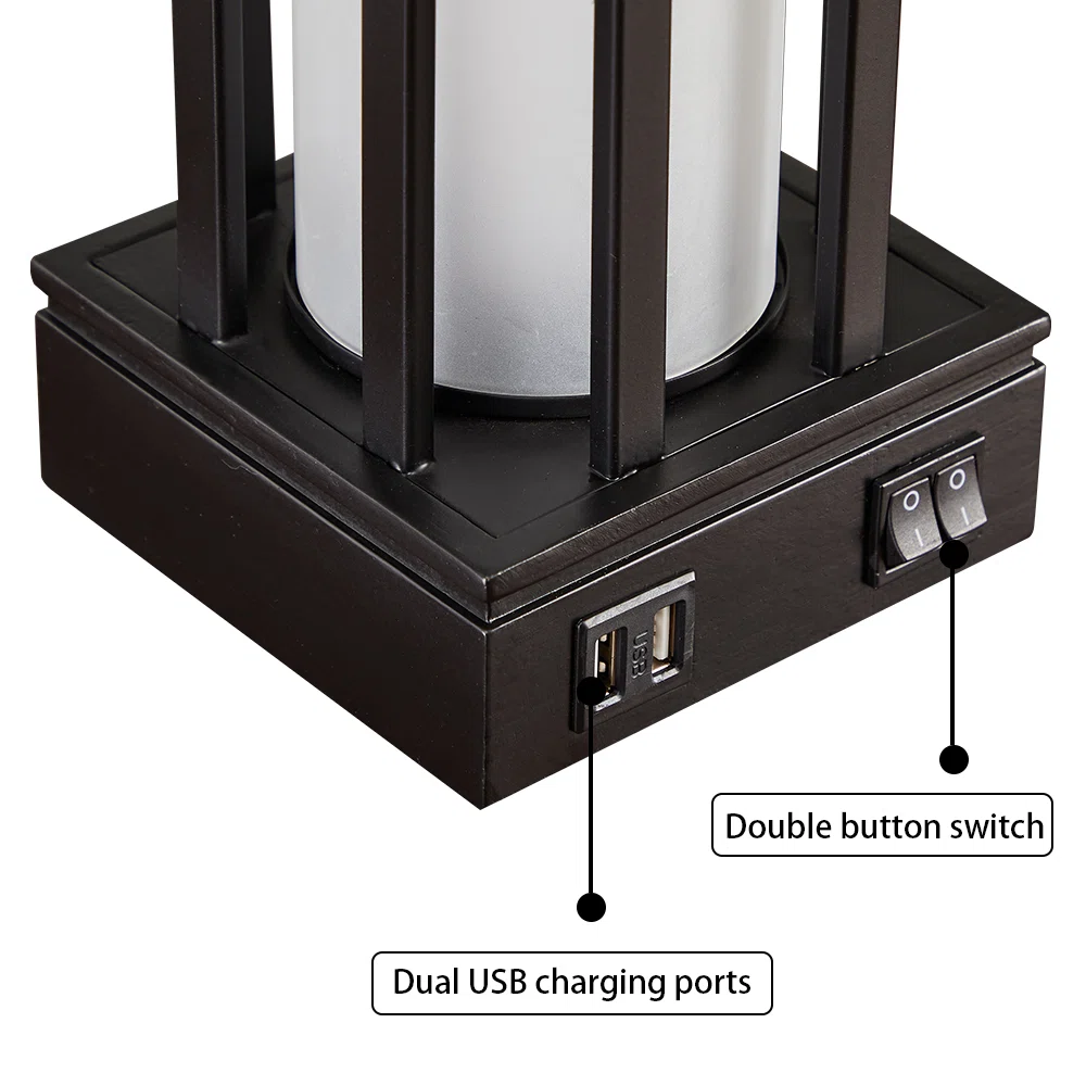 25" Industrial Black Table Lamp Set with Night Light & USB Charging (set of 2)