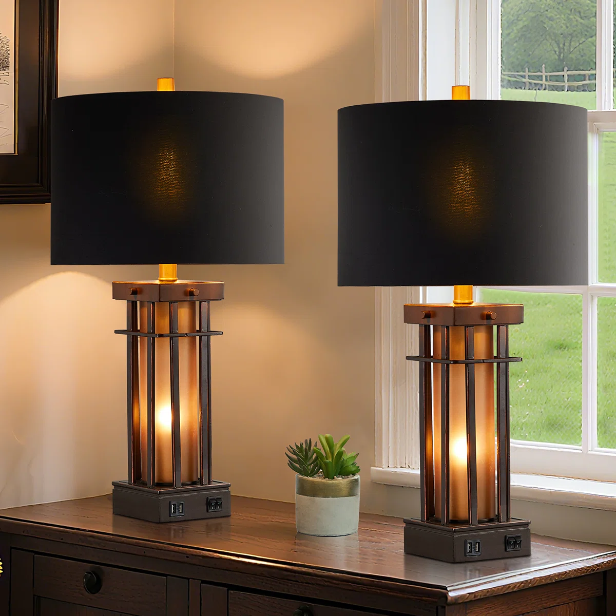 25" Jacolbi Table Lamp set With Dual USB Ports And Night Light (set of 2)