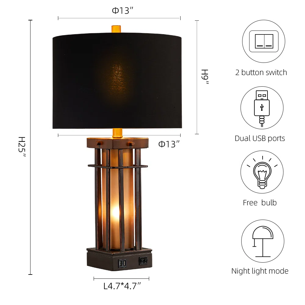 25" Jacolbi Table Lamp set With Dual USB Ports And Night Light (set of 2)