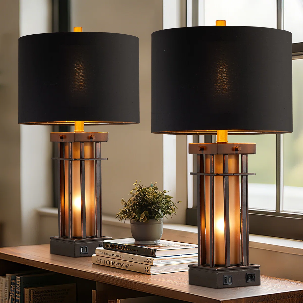 25" Jacolbi Table Lamp set With Dual USB Ports And Night Light (set of 2)