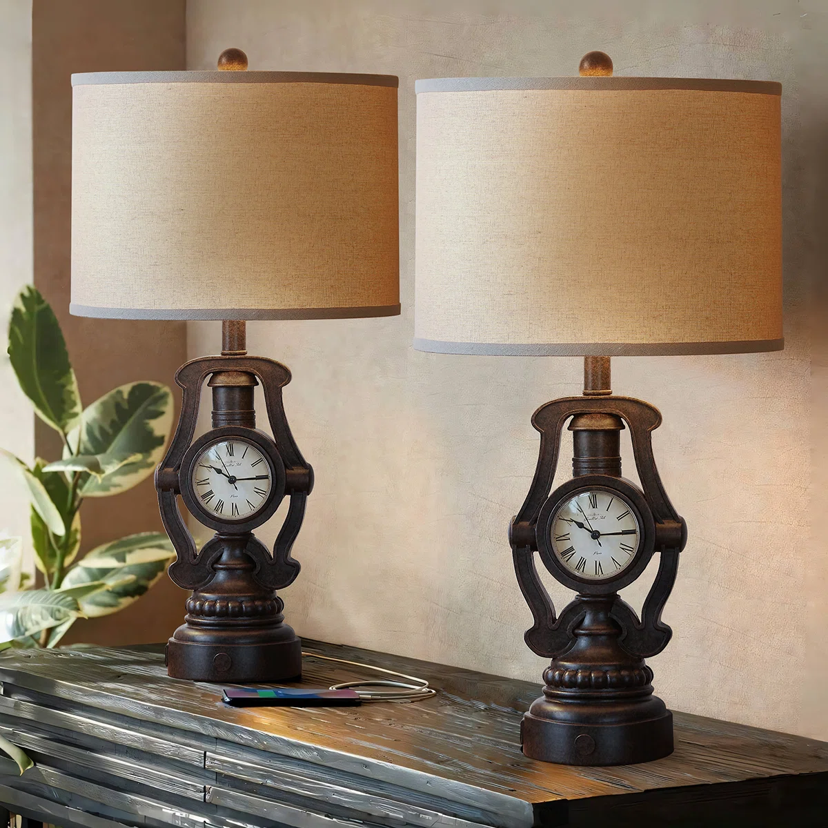 25” Vintage Clock Lamp Set With Usb Ports (Set of 2)