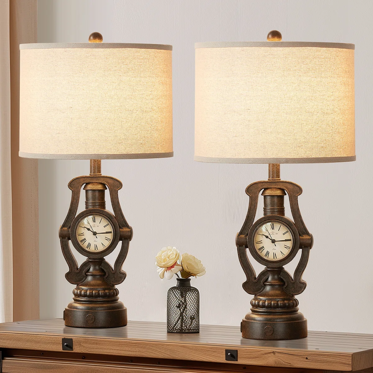 25” Vintage Clock Lamp Set With Usb Ports (Set of 2)