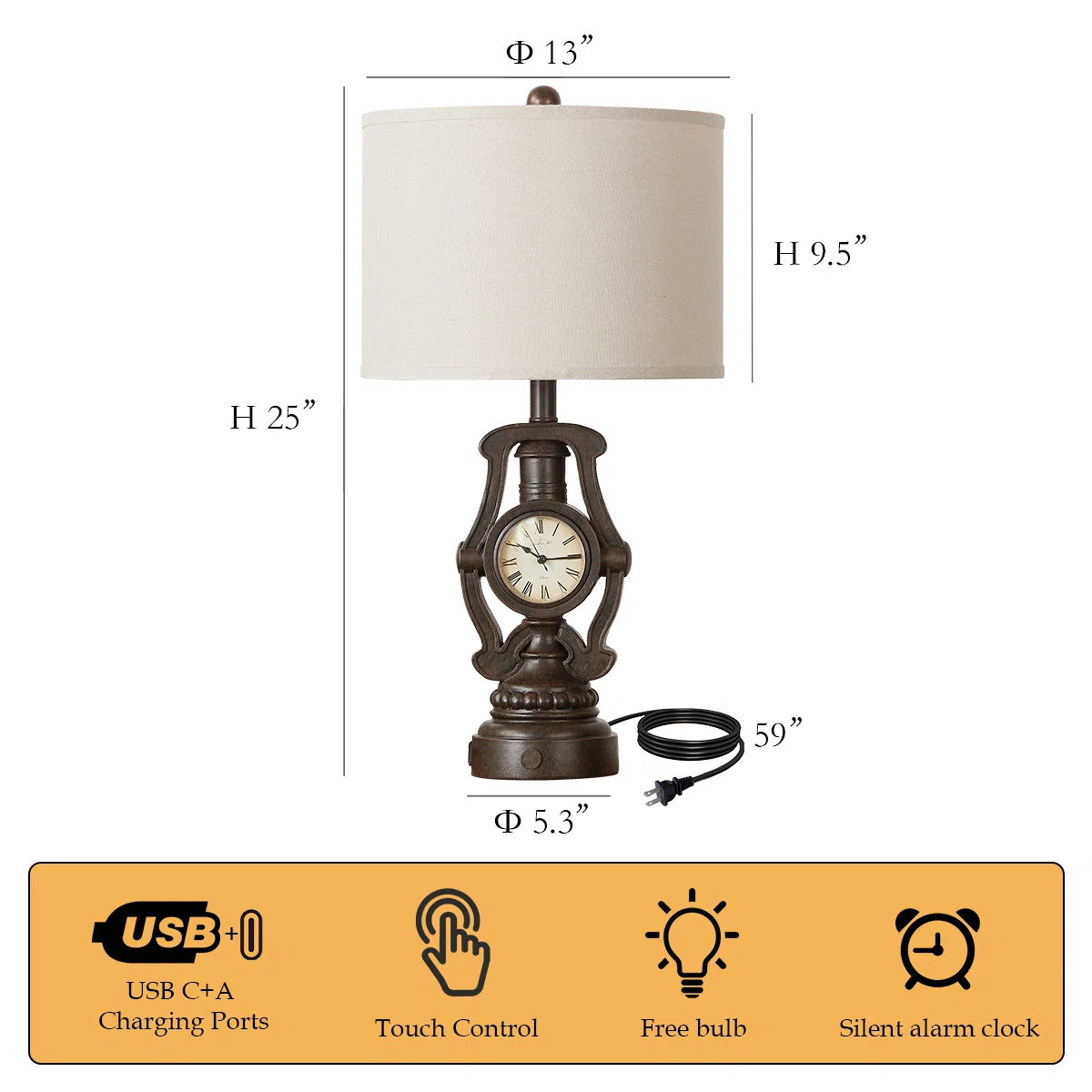 25” Vintage Clock Lamp Set With Usb Ports (Set of 2)