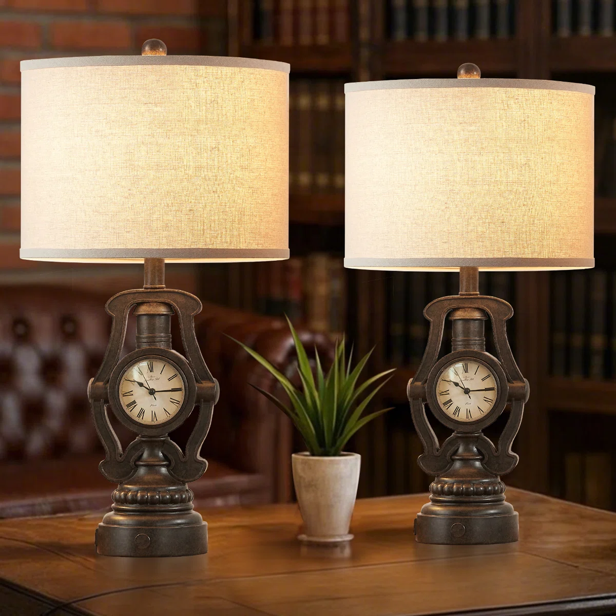 25” Vintage Clock Lamp Set With Usb Ports (Set of 2)