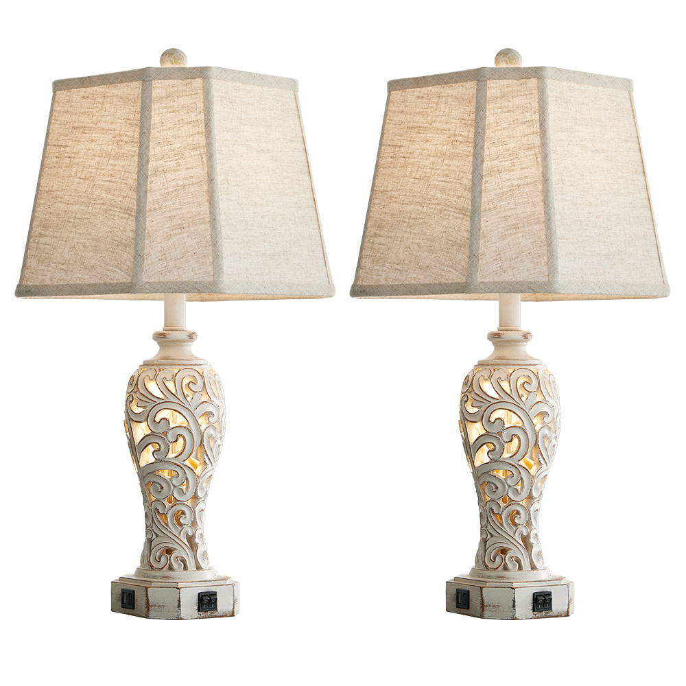 A pair of washed white table lamp with carved branch & leaf pattern, it has night light and USB A charging port.