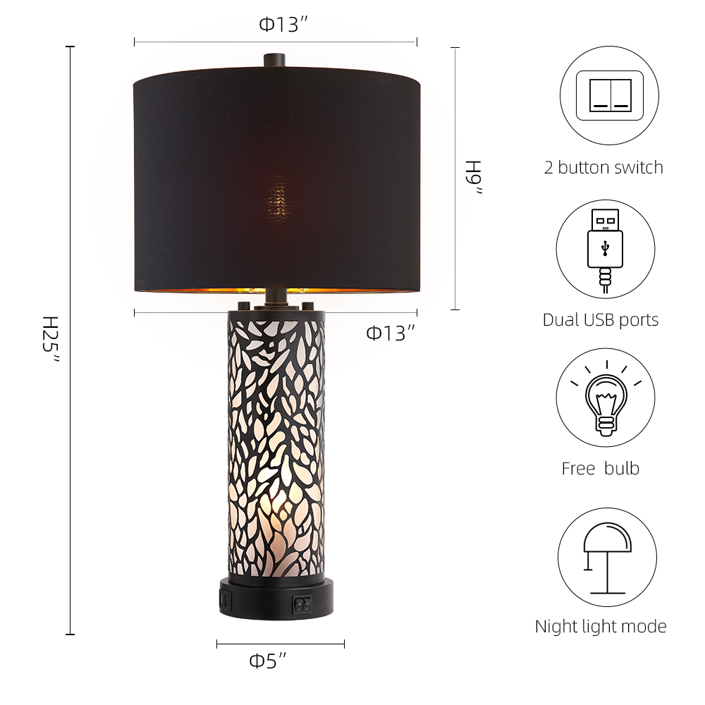 2Pc Geo Sculptural Table Lamps w. Night Light & USB, Black Metal+Glass, Black Lampshade