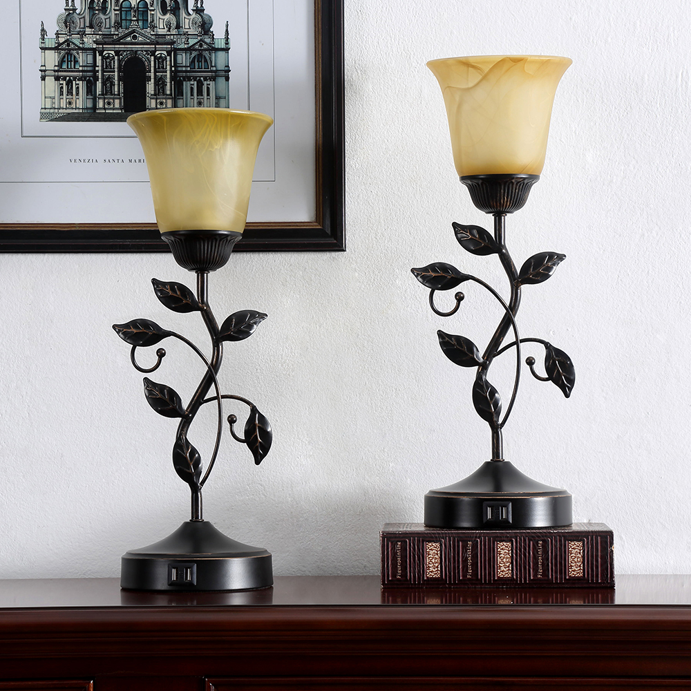 2Pc Forever Rose Table Lamps w. USB, Bronze Metal, Glass Lampshade