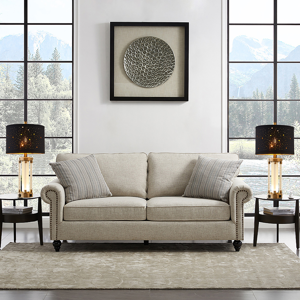 2Pc Fusion Crystal Table Lamps w. Night Light & USB, Nickel Metal+Acrylic, Black Starry Lampshade