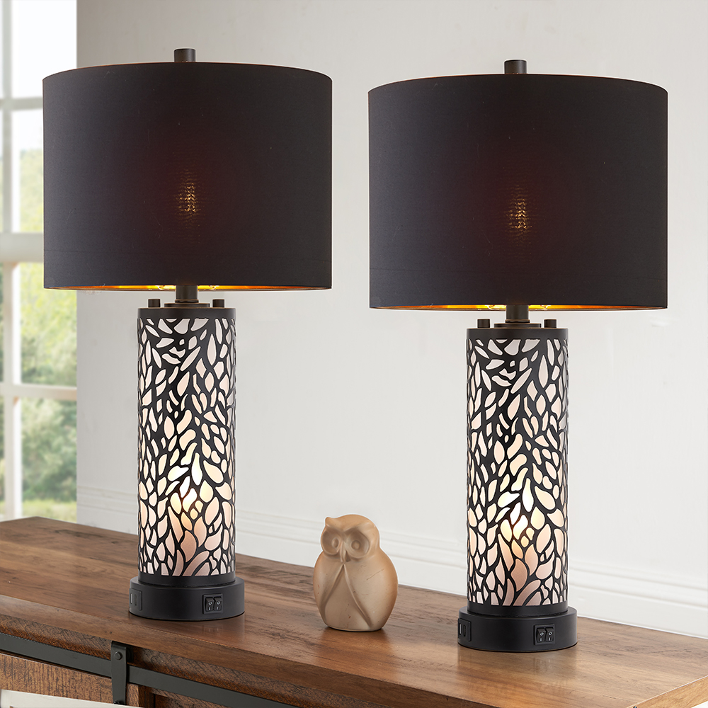 2Pc Geo Sculptural Table Lamps w. Night Light & USB, Black Metal+Glass, Black Lampshade