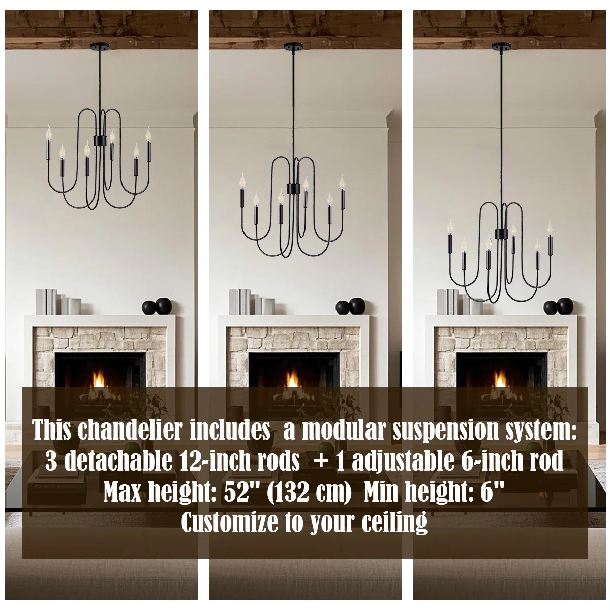 6-Light Classic Farmhouse Candle Chandelier with Adjustable Chain – Height Adapts to 8-12ft Ceilings