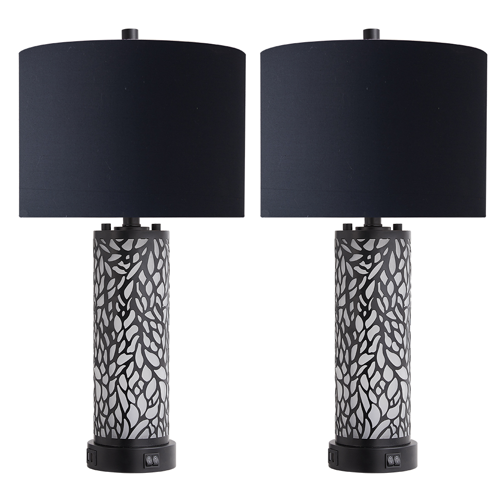 2Pc Geo Sculptural Table Lamps w. Night Light & USB, Black Metal+Glass, Black Lampshade