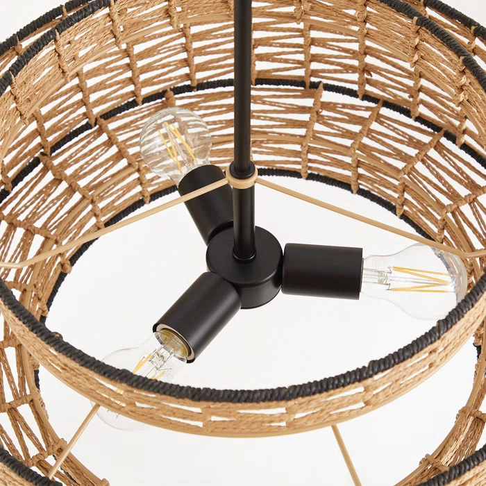 Anela 3-Light 20" Woven Rope Drum Shade Chandelier - Handcrafted Boho Pendant Light for Living Room & Dining Room (Adjustable Chain Included)
