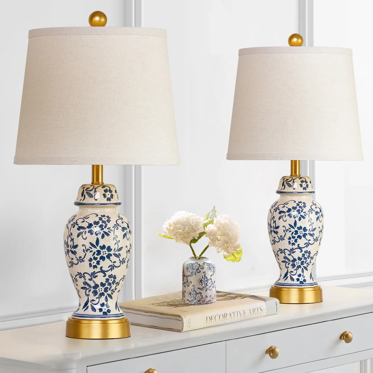 Engelbertus Base 22” Blue White Porcelain Jar Lamp Set With Chrome Base（set of 2) (Set of 2)