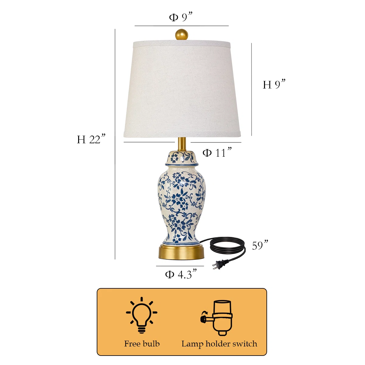 Engelbertus Base 22” Blue White Porcelain Jar Lamp Set With Chrome Base（set of 2) (Set of 2)